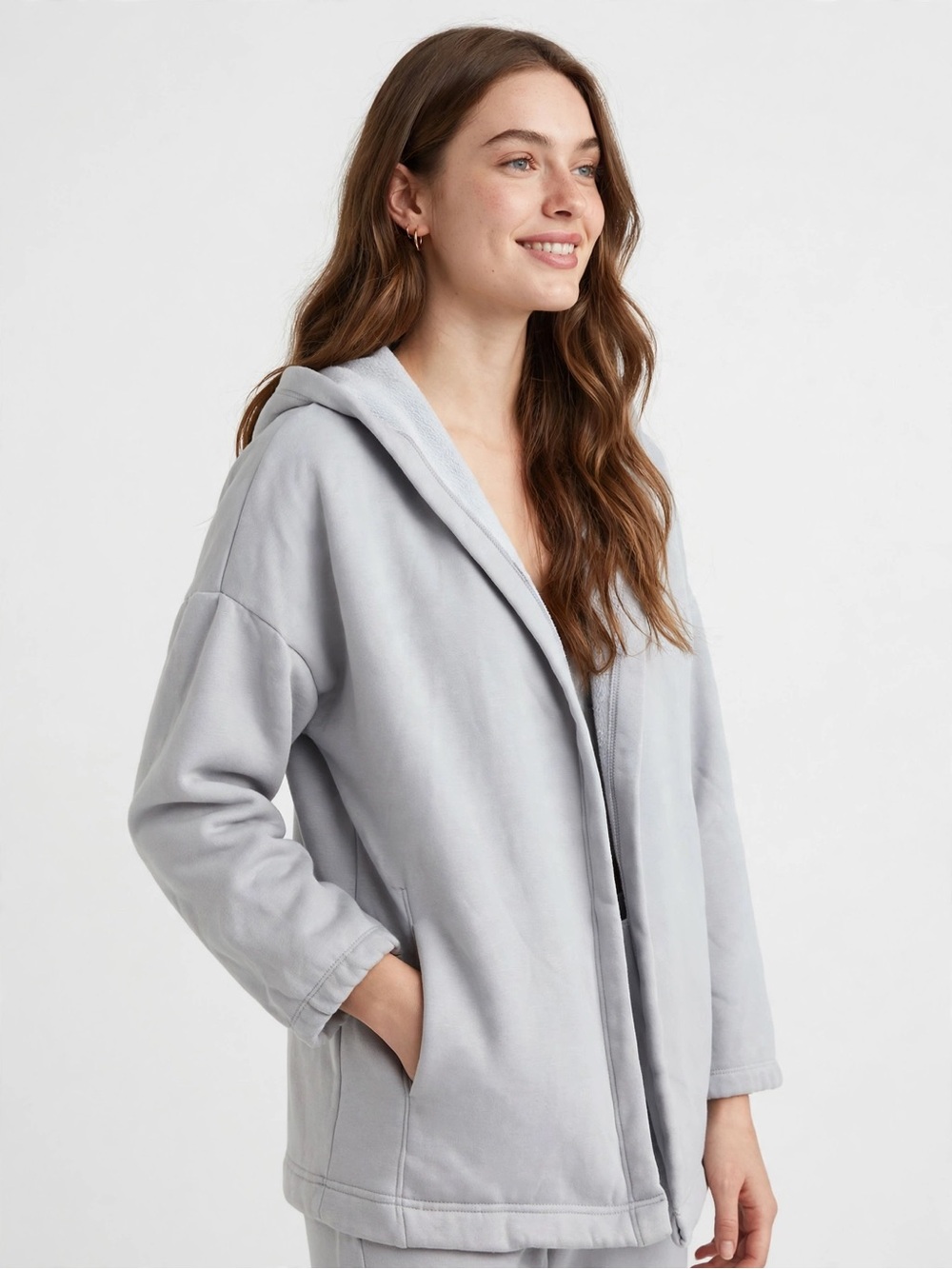 Fabletics XS Gray Open Front Hooded Cardigan Sweatshirt Lounge Athleisure Cozy